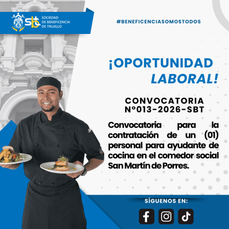Convocatoria N°013-2026-SBT para la contratación de un (01) personal para ayudante de cocina en el comedor social San Martín de Porres